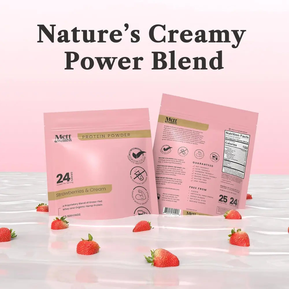 Indulge in Mett Wellness Strawberries & Cream Protein Powder - 24G of Grass-Fed Whey & Hemp Heart Goodness for Optimal Energy and Recovery!