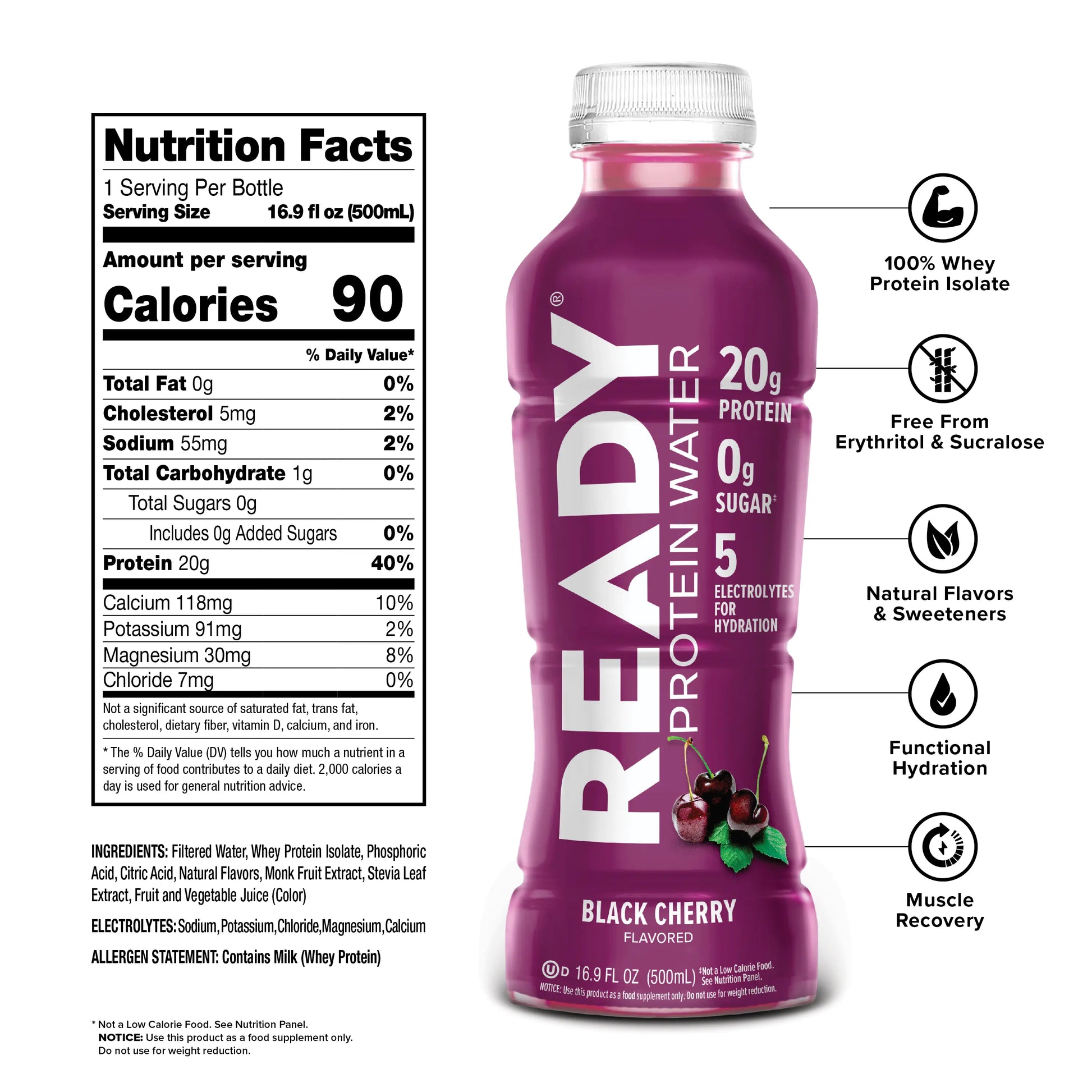 Revitalize Your Workout with Ready Protein Water - Black Cherry Flavor, 12 Pack Loaded with 20G of Protein!