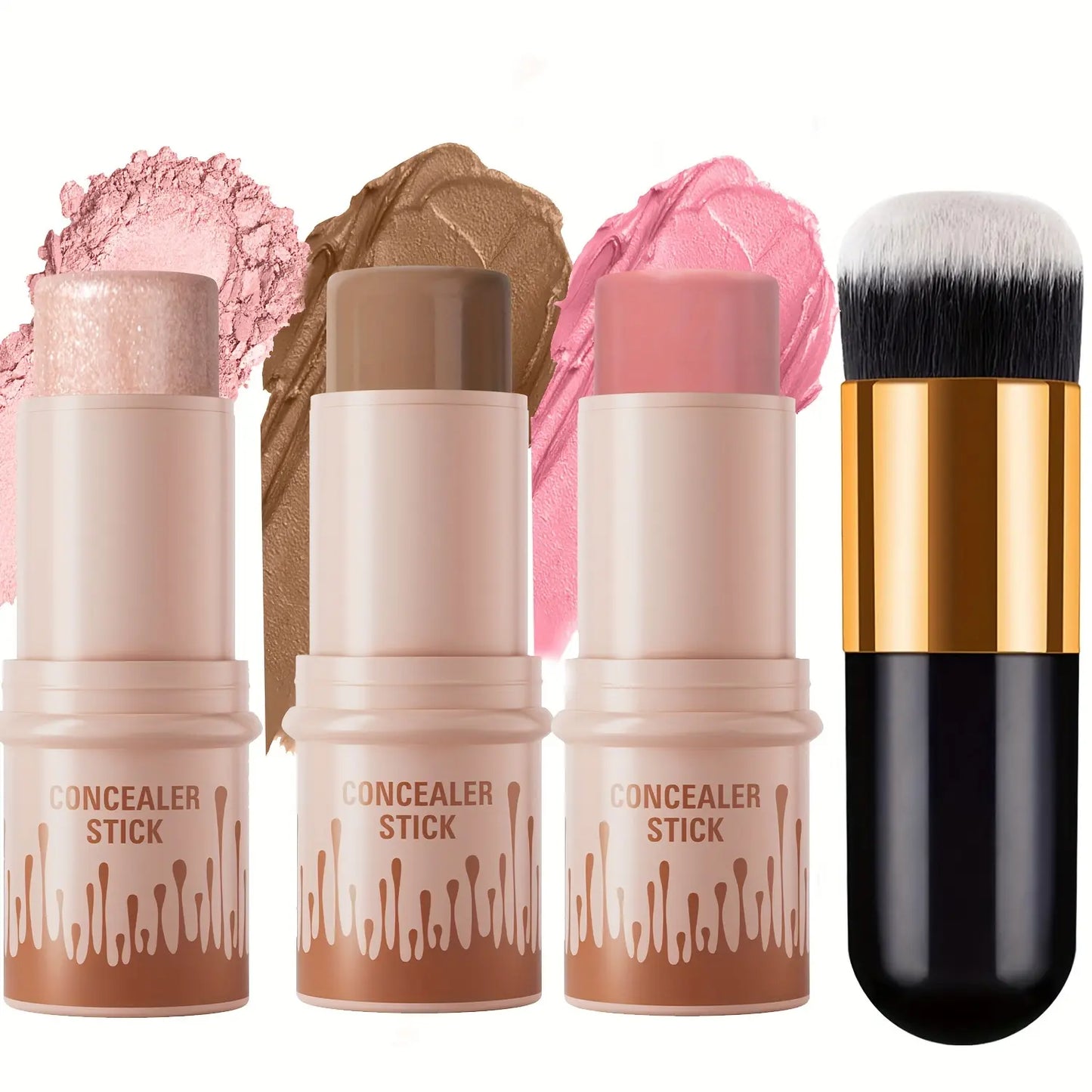 Achieve Flawless Radiance with Our 3-Piece Cream Contour Kit - Includes Contour Stick, Blush Stick, Highlighter Stick & Brush for Effortless Beauty!