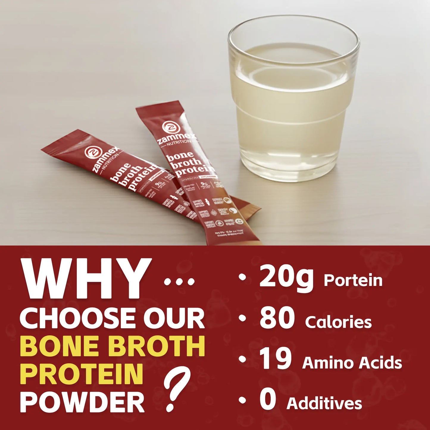 Zammex Hydrolyzed Bone Broth Protein Powder - 30 Convenient Travel Packets of Pure Collagen Peptides for Enhanced Fitness and Immune Support