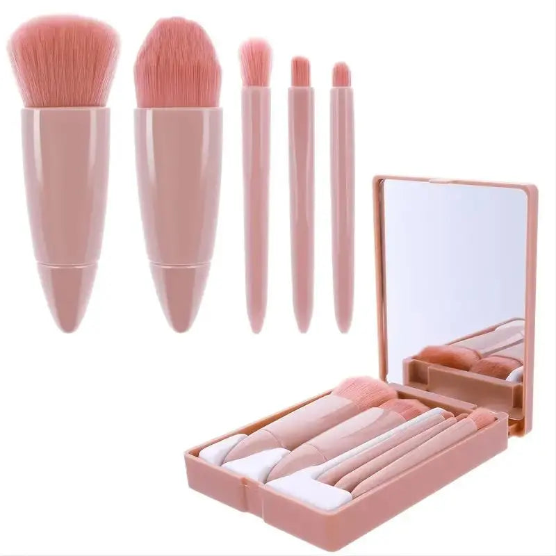 Ultimate Portable Makeup Brush Set with Mirror Case - 5 Essential Brushes for Flawless Beauty On-the-Go