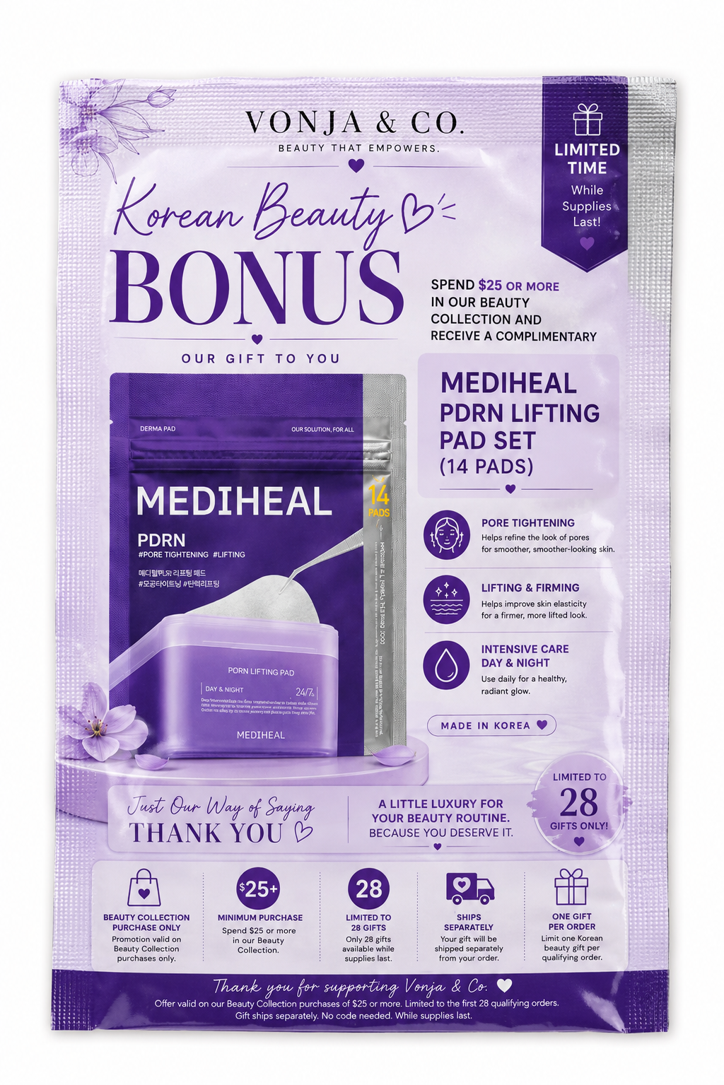 VONJA &amp; CO. Korean Beauty Bonus Gift Sachet – MEDIHEAL PDRN Lifting Pad Set (14 Pads)